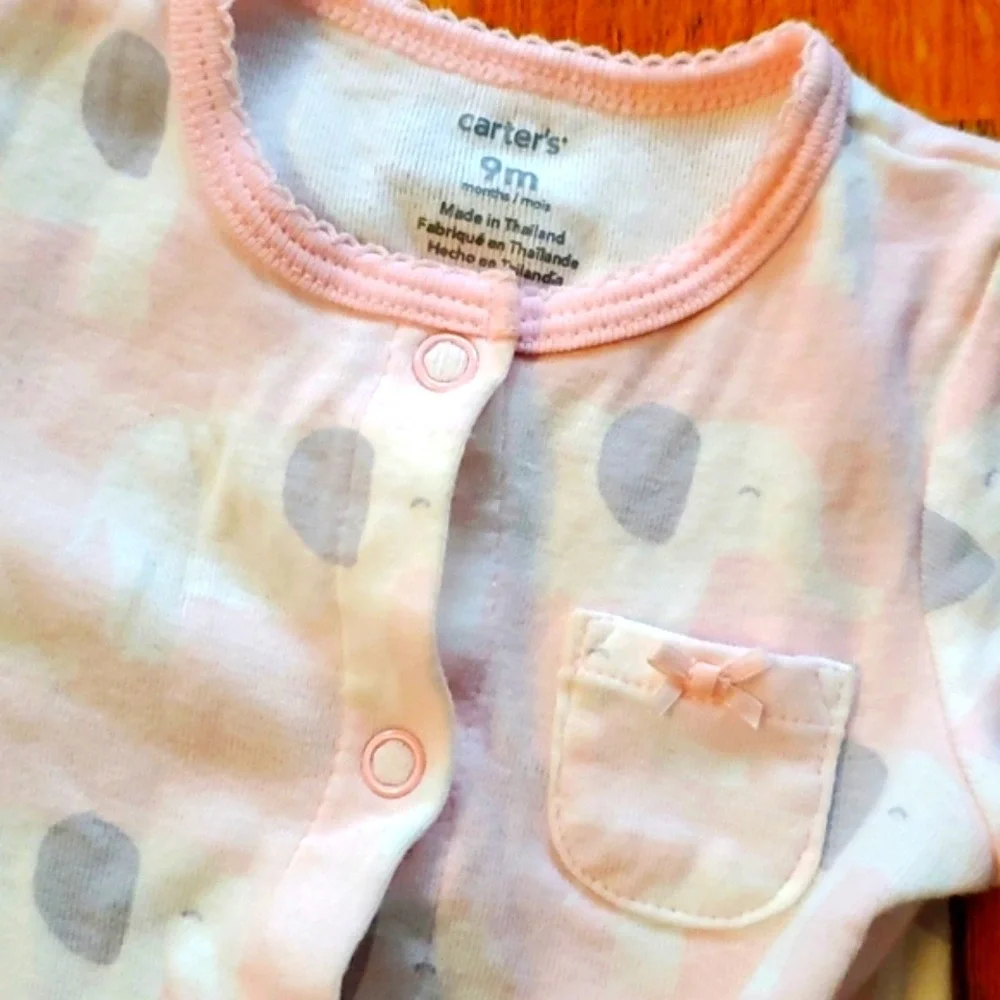 3 Pack Girls Snap Pink‎ Footie Sleep & Plays 9M- Elephant, Chevron, Sheep